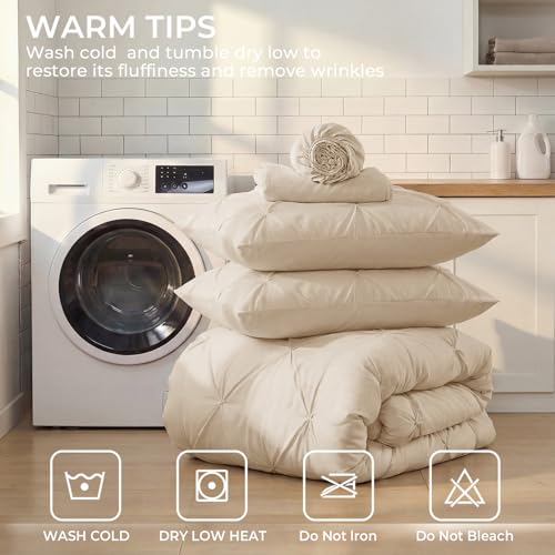 Image of Sasttie Twin Comforter Set, 5-Piece Bed in a Bag, Pintuck Bedding Sets for All Season, Includes Comforter, Flat Sheet, Fitted Sheet, Pillowcase and Pillowsham, Warm Beige