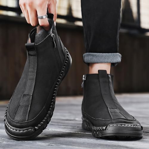 Men's Waterproof Leather Chukka Boots for Hiking Camping & Driving Fashion Warm Fur Lined Hand Stitched Round Toe Side Zipper Ankle Boots Comfort Casual Outdoor Walking Sneakers4