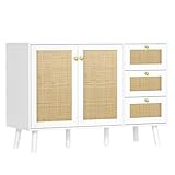 Skokliz Rattan Sideboard Kommode, Weiß Aufbewahrungsschrank mit 2 Rattan Türen und 3 Schubladen für Esszimmer, Küche und Wohnzimmer, Küchenbuffet mit Verstellbares Regal Sideboard，120x40x82cm