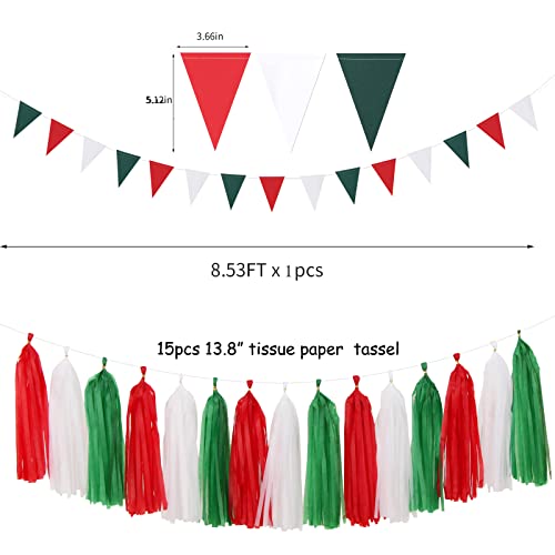 Image of Red-Green White Party-Decorations - 23pcs Mexico Italy Tissue Pom Poms Streamers,Tassel Garland Banner,Mexican Italian Birthday Wedding Baby Shower Decor Bunting Lasting Surprise