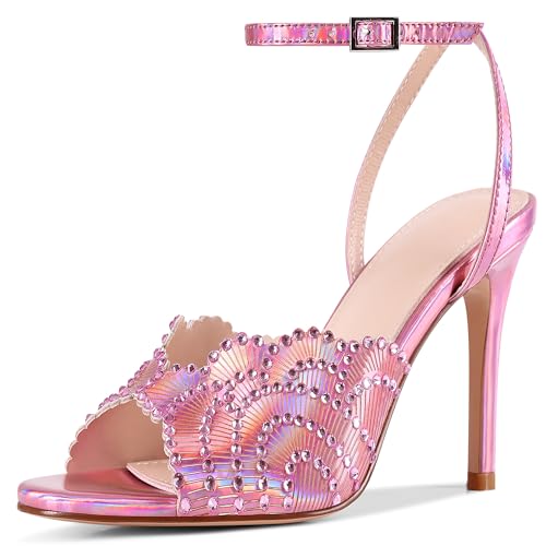 UJPFEO Rhinestone High Heel Sandals for Women Round Open Toe High Heels Sparkly Stilettos Strap Ankle Heels Dressy Weddings Prom Sexy Sandals Shoes