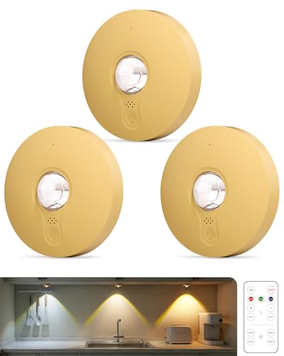 Aokpsrt Rechargeable Puck Lights with Remote Control, 1500mAh Battery Operated Tap Lights, Dimmer & Timer Under Cabinet, Wireless LED Stick-On for Closet, Bedroom, Kitchen - Gold 3Pcs