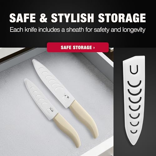 Vos ceramic knives set for kitchen in gift box, set of 2 ceramic knife with cover, 5.5" santoku & 4.5" utility for home cooks, Ultra Sharp, lightweight, rust-free, dishwasher safe (Off-white handle) by Vos - Used condition - Image 6