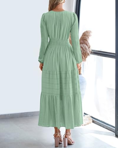 BTFBM Fall Dresses for Women 2025 Casual Long Sleeve V Neck Elastic Waist Lightweight Maxi Wedding Guest Dress Pockets