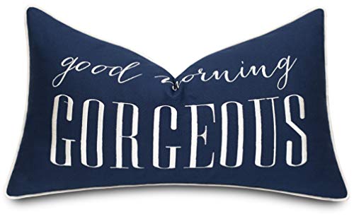 Adecor Hello Handsome Good Morning Gorgeous Set Of 2 Pcs Embroidered Lumbar Decorative Accent Throw Pillow Cover - Bedroom Decor, Gift For Newlyweds - 12X20 Inches, Navy Blue #TOP2