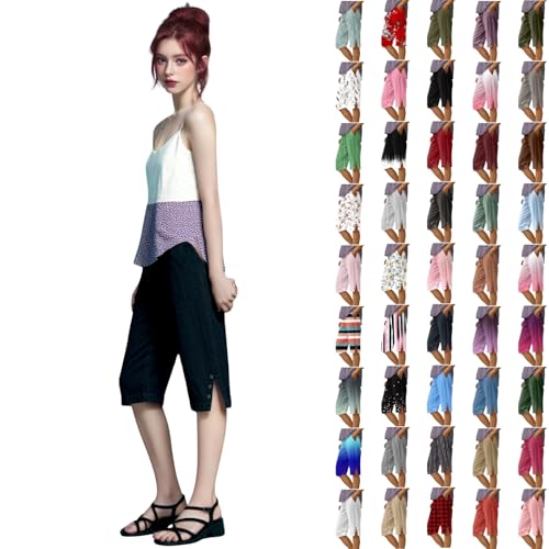 Linen Shorts Women Casual Soft Bermuda Shorts Knee Length Summer Side Split Button Capri Pants with Pockets Plus Size