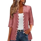 Keepink Cardigans for Women UK Sale 3/4 Sleeve Lace Trim Cardigan Plain Lightweight Open Front Cover Up Summer Casual Cardigans Draped Loose Shawl Blouse Ladies Tops Shrugs