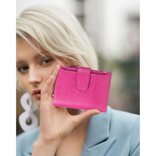 Image of FALAN MULE Small Wallet for Women Genuine Leather Bifold Compact RFID Blocking Small Womens Wallet, AP-Rose Red, Casual