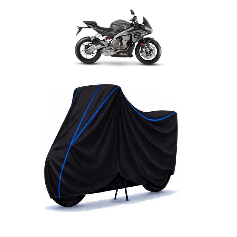 Image of Tuono 150 CC Bike Cover Water Resistant Universal Motorcycle Rain | Heavy Duty UV Protection, Dust, Scratch Indoor Outdoor All Weather with Black Blue Piping Elastic