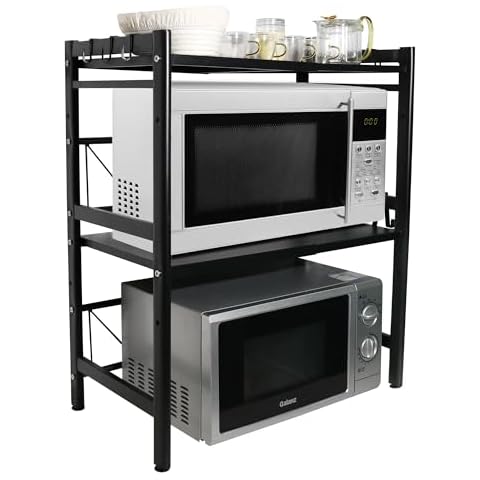 ifory 3-Tier Microwave Oven Rack, 15.7~23.6" Expandable Microwave Stand, Countertop Utensils Tableware Storage, Heavy Duty Carbon Steel Kitchen Organizer Shelf w/6 Hooks and Cutting Board Holder Cover