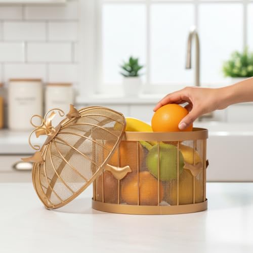 Image of U.K.S Modern Metal Fruit Basket with Mesh Lid Storage for Fruits & Vegetables | Round, Durable, and Stylish Design (GOLD)