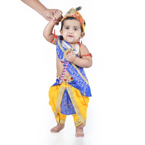 Image of ITSMYCOSTUME Krishna Dress for Baby Boy Kids Set of 10(Dhoti,Hip Cover,Patka,Mukut,Morpankh,Bansuri,Kamarband,Bajuband,Kundal) Little Krishna Ji Kanha Janmasthmi Costume