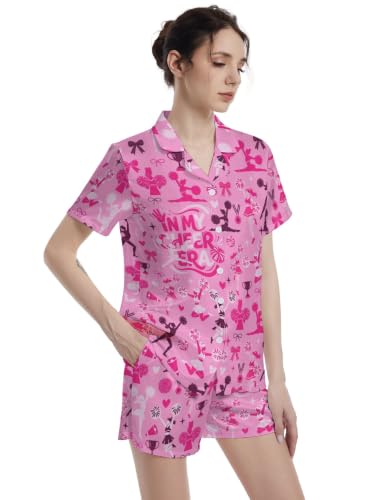 Image of Funny Pajamas for Women Set Print Satin Loungewear Pjs Short Sleeve Button Down Top and Shorts Sets Sleepwear XS-3XL