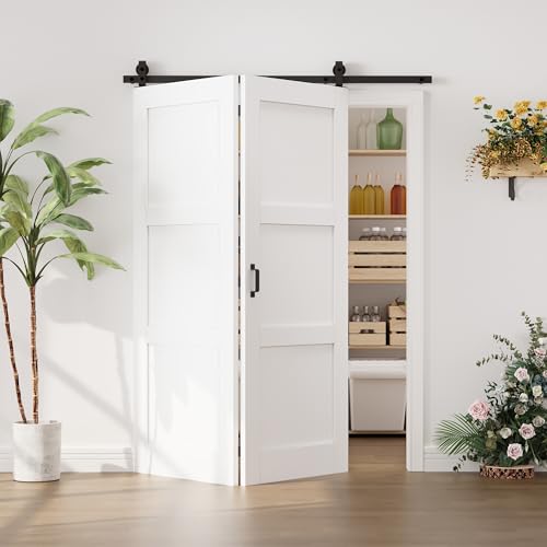 Image of 60 inchx80 inch White 3-Panels Bi-fold Barn Door Slab with 64 inch Track Kit Included