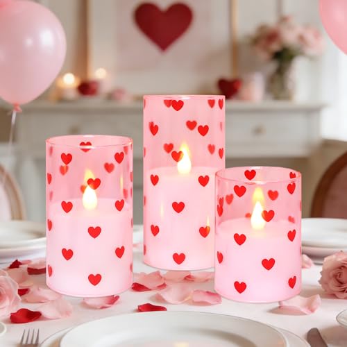 Image of Love Flameless Candles with Remote Timer, Glass Battery Operated Candles, Pink Spray-Painted Heart LED Candles for Home Party Wedding Valentine's Day Decor Set of 3
