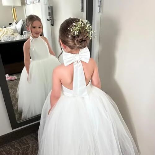 Flower Girls Satin Tulle Princess Pageant Dress for Wedding Halter Pearls Prom Ball Gowns with Bow-Knot4