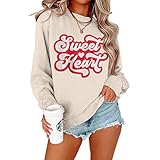 KEKEMI Women Valentine's Day Sweatshirt Retro Sweet Heart Letter Printed Sweater Casual Long Sleeve
