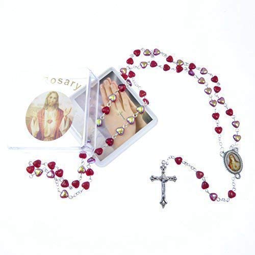 R. HeavenCatholic iridescent red glass heart Sacred Heart Jesus rosary beads in box