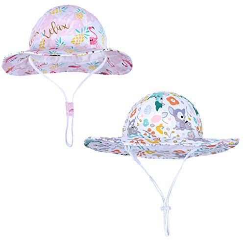 2 Pieces Baby Toddler Sun Hats for Kids Girls Boys Beach Fishing Summer Bucket Hat Wide Brim UPF 50+ Chin Strap (Pink Flamingo & Cute Sika Deer, 12-24 Months)