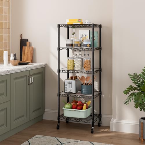 Small 5 Tier Shelves Storage Wire Shelving Unit Metal Shelf Adjustable Organizers Storage Shelving with Wheels for Bathroom Laundry Room Kitchen Pantry12”D x 18”W x 57.2”H Black - Image 3