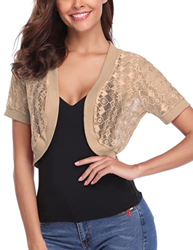 Totatuit Short Sleeve Bolero Jackets For Evening Dresses Summer Cropped Classic Crochet Sweaters Lace Floral Sheer Shrugs Khaki M #TOP3