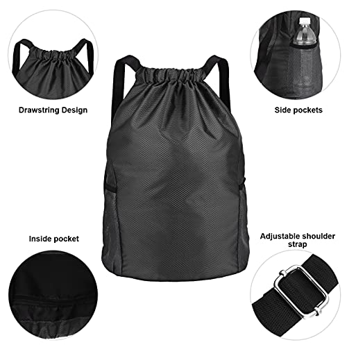 Dacitiery Drawstring Gym Bag, Gym Sack, Drawstring Backpack, Black PE Bags Drawstring with Outside Zipper, Sport Gym Sack Bring Two Side Pockets, Large Drawstring Bag(Large Black), Unisex