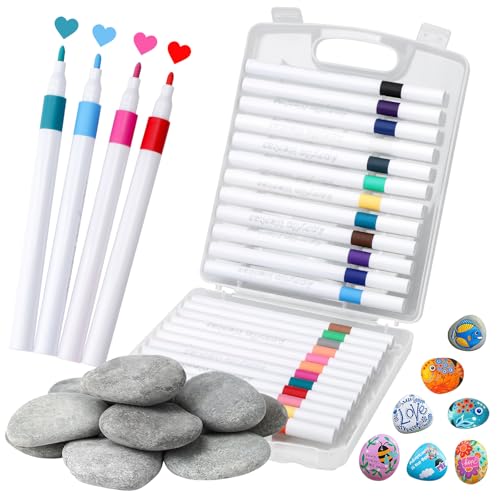Orchideeknc 12 Piezas Piedras para Pintar y 24 Piezas Rotuladores Acrilicos, 3-5cm Piedras Planas para Pintar Set, Piedras Planas y 24 Colores Rotuladores Acrílicos para Niños y Adultos