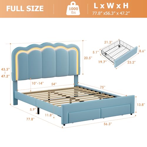 Full Upholstered LED Bed Frame with 2 Storage Drawers and Adjustable Chic Double Wavy Headboard, Velvet Princess Platform Bed with Charing Station, Solid Wood Slats Support,No Box Spring Needed,Blue