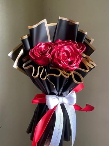 Image of Elegant Artificial Satin Rose Bouquet with Black Wrapping, 3 Pieces, Red and Black