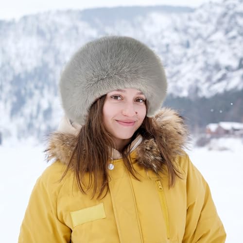 Faux Fur Hat for Women Winter, Fluffy Warm Russian Faux Fur Hat Russian Style Cap Ladies Winter Gray4