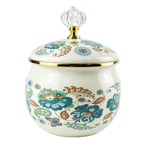 Merstead Vintage Enamel Storage Jar Floral Sugar Bowl Floral Retro Spice Box Multipurpose Canister with Gold Trim & Crystal Knob, Kitchen Decor