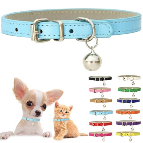 Blue XXS Dog Collar with Bell, Soft Pu Leather Cat Collars Adjustable Buckle for XS Extra Small...