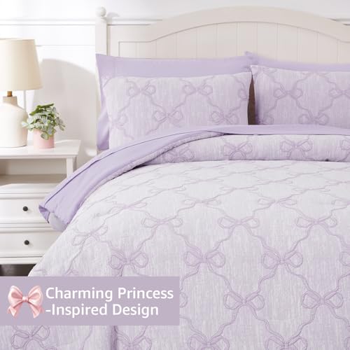 Image of Full Size Comforter Sets with Sheets for Girls-7 Pieces Bow Bed in A Bag | Soft Jacquard Full Size Bedding Sets with Light Purple Comforter, Pillowcases & Shams, 76 inch X 86 inch