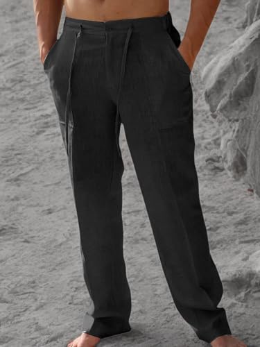 Image of PASLTER Mens Cotton Linen Pants Casual Summer Beach Pants Dress Trousers | Loose Fit, Elastic Drawstring Waist, Lightweight, Straight-Legs, Slacks, Yoga, Work, Vacation, Quick Dry