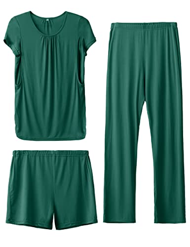 Image of SUNNYBUY Womens Maternity Nursing Pajamas Set, Short Sleeve Breastfeeding Shirts，Pregnancy Shorts & Pants 3 Piece Nursing PJS