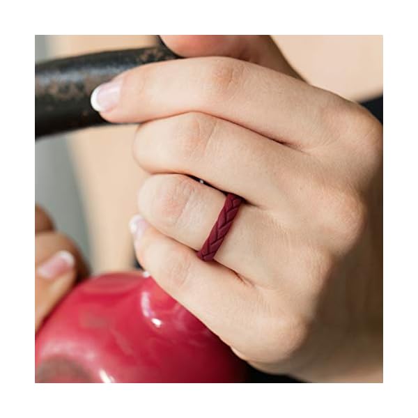 ROQ Silicone Rubber Wedding Ring for Women, Thin Stackable Rubber Silicone Wedding Band, Bridal Jewelry Set, Leaves Style, 4mm Wide 2mm Thick, 4 Pack, Black, Bronze, Bordeaux, Rose Gold, Size 7