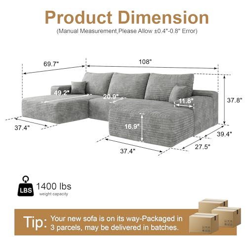 Image of 96 inch Sectional Couches for Living Room Cloud Couch Sofa with L-Shape Upholstered Boneless Couchs Modern Modular Sectional Couch with Chaise (Grey, 108 inch Left Facing Chaise+2Seaters+1Ottoman)