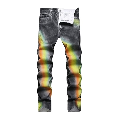 Men Rainbow Stretch Jeans Printed Skinny Men Denim Trousers Biker Zipper Washed Straight Jean