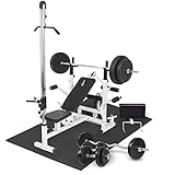 GORILLA SPORTS® Kraftstation - Hantelbank mit verstellbare Hantelablage, Latzugturm, Butterfly, Curlpult, Beincurler und 100 kg Hantelset - Trainingsbank, Fitnessstation, Trainingsstation