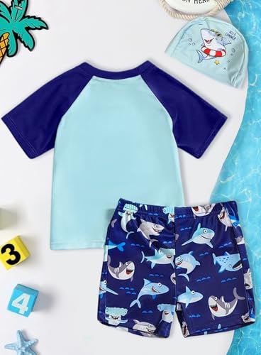 Toddler Boys Blue Shark Swimsuit - Kid Cute Bathing Suit Short Sleeve Shirt Trunks Hat Rash Guard Swimwear 3Pcs Set2