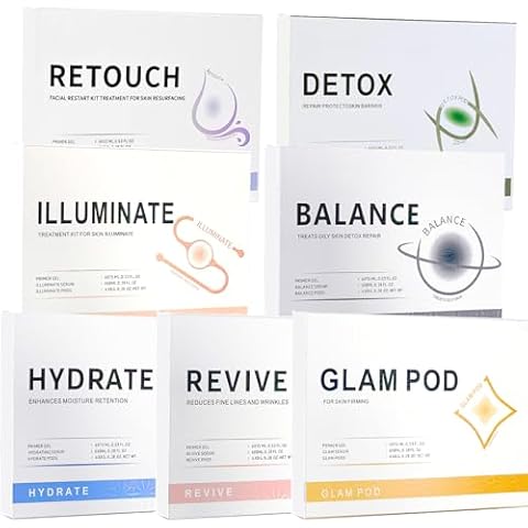 7 Set Illuminate Glam Revive Balance Hydrate Detox Retouch Serum Kit Pods for CO2 Oxygen Facial Machine, Beauty Salon and Home Spa Day, Genotype Pods Set, 6 Pods + 6 Prime Gel + 6 Serum Cover