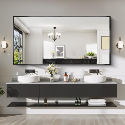 CIRCUMI Black Bathroom Mirror 72x36 Rectangular Mirror with Deep Metal Frame Brushed Finish Tempered Glass Large Mirror for Wall Over 2 Sinks Installed Vertically/Horizontally Crystal-Clear