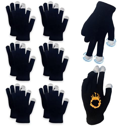 6 Pairs Knitted Magic Winter Gloves, Touch Screen Fingers Thermal Mittens for Cold Weather, Unisex Stretchy Black Warm Gloves for Indoor Outdoor