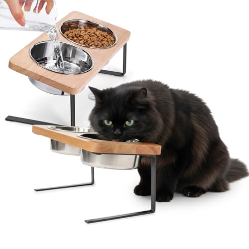 Avilia - 2 Ciotole per Cani e Gatti Rialzate 250ml con Supporto Inclinato 15°, Struttura in Ferro e Ripiano in Bambù, Ideali per Pasti Quotidiani, Design Ergonomico e Moderno per Casa