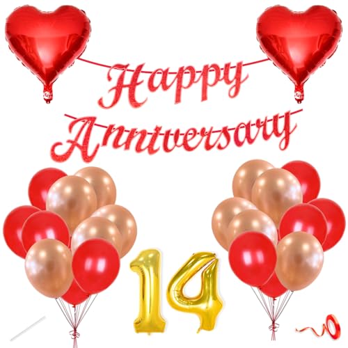 Image of Flyloons 14th Happy Anniversary Decoration Items Red Rose Gold for Men Women Husband Wife Mom Dad Parent Couple Home Bedroom Car With 20 Pcs Metallic Balloons Anniversary Banner 2 Pcs Heart Set Kit