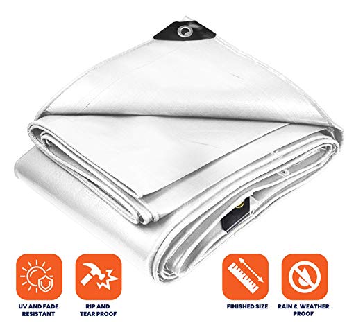 Image of Extra Heavy Duty 14 Mil Tarp Cover, Waterproof, UV Resistant, Rip and Tear Proof, Poly Tarpaulin with Reinforced Edges for Roof, Camping, Patio, Pool, Boat (White 20′ X 30′)