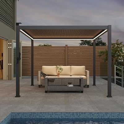 SANLUCE Louvered Pergola with LED Lights, 10x10 Ft Outdoor Metal Pergolas with Adjustable Louvered Roof, Waterproof Drainage System, Easy Assembly for Patio, Garden, Deck, Backyard(Grey)