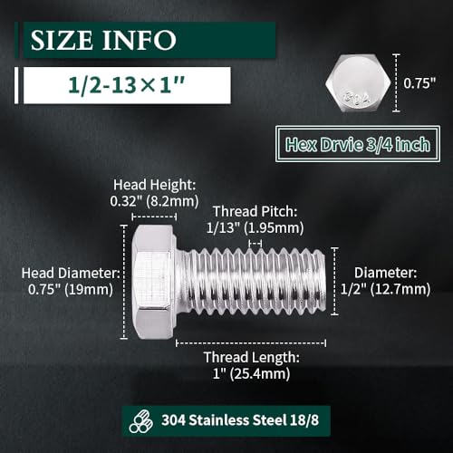 Image of 1 /2-13 x 1 Hex Head Bolts Screws, 304 Stainless Steel 18-8, Fully Threaded, Hexagon Head Cap Bolts Screws, Coarse Thread UNC, 6 PCS