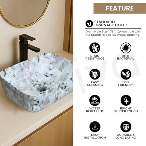 Image of Artiva Ceramic Wash Basin /Tabletop Washbasin For Bathroom,12 inchx16 inch /Small Countetop Bathroom Basin /Table Top Basin For Home,Office,Hotel /Rectangle Glossy Sink (Alaska-Gold,12x16 Inch)