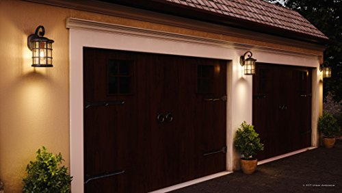 Image of Luxury Craftsman Outdoor Wall Light, Medium Size: 17.75 inch H x 10 inch W, with Tudor Style Elements, Wrought Iron Design, Natural Black Finish and Seeded Glass, UQL1044